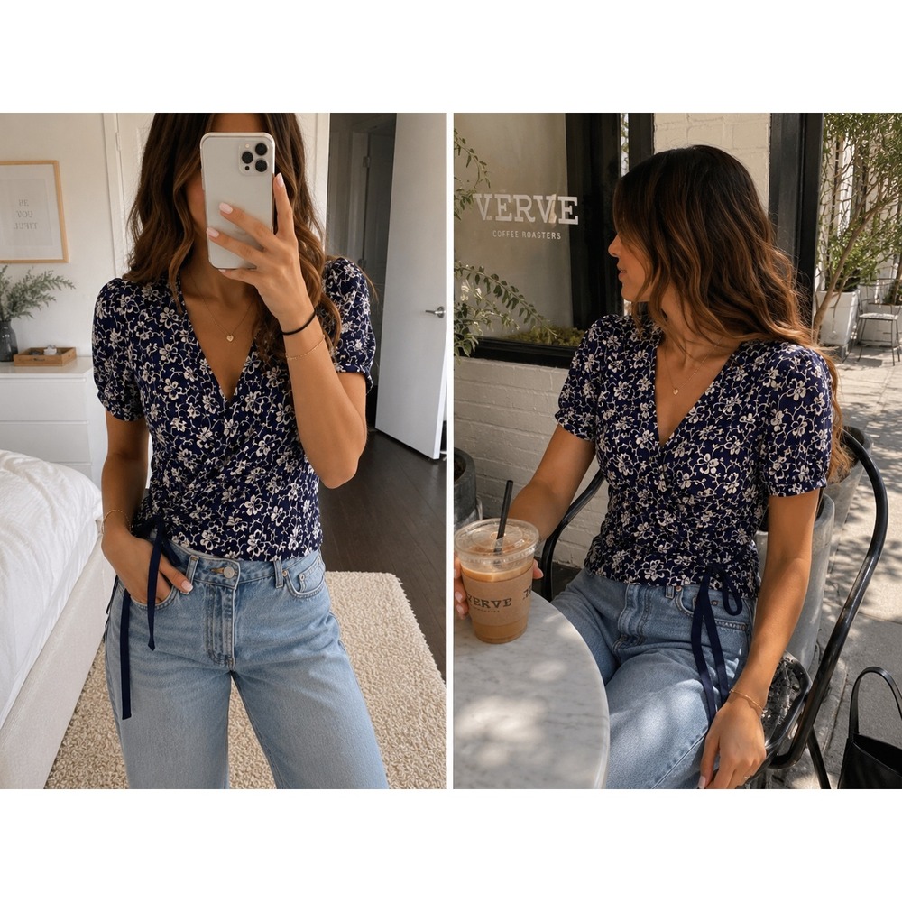Sundance Silk Wrap Top Sz 8 Navy Blue Floral‎ Cottage Prairie Preppy Y2K Girly